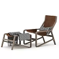 Modern Lounge Chair With Wooden Frame Brown Cushion And Ottoman With Checkered Blanket