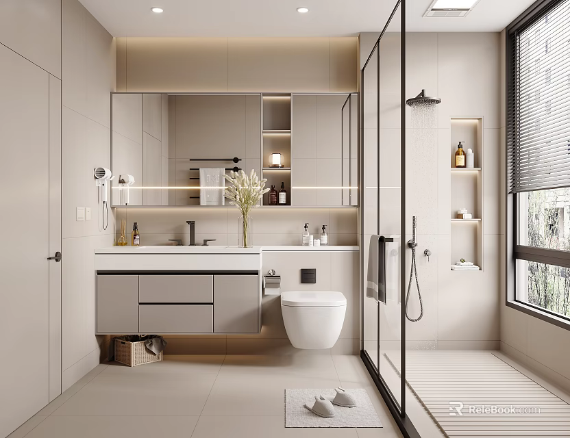 Modern Bathroom Interior Design With Vanity Toilet Glass Shower Enclosure And Storage Cabinets 3d model 