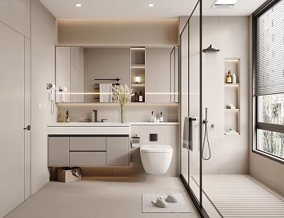 Modern Bathroom Interior Design With Vanity Toilet Glass Shower Enclosure And Storage Cabinets 3d model