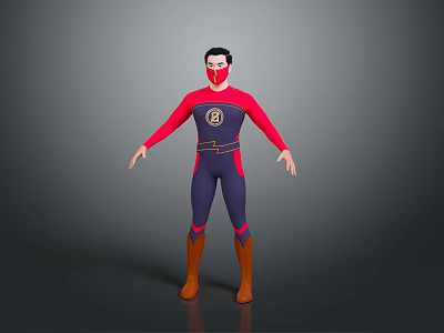 Man In Red And Blue Superhero Costume With Mask Brown Boots And Chest Logo 3d model