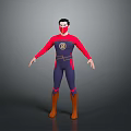 Man In Red And Blue Superhero Costume With Mask Brown Boots And Chest Logo
