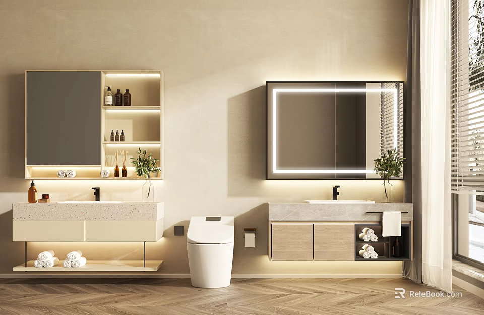 Elegant Bathroom Interior With Lighted Mirror Vanity Cabinets And Folded Towels 3d model 