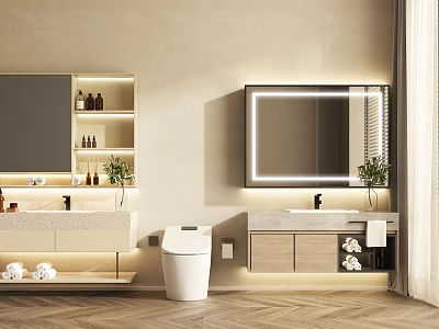 Elegant Bathroom Interior With Lighted Mirror Vanity Cabinets And Folded Towels 3d model
