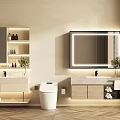 Elegant Bathroom Interior With Lighted Mirror Vanity Cabinets And Folded Towels