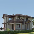 Two Story Detached Villa With Brown Roof Beige Exterior Arched Windows And Front Greenery