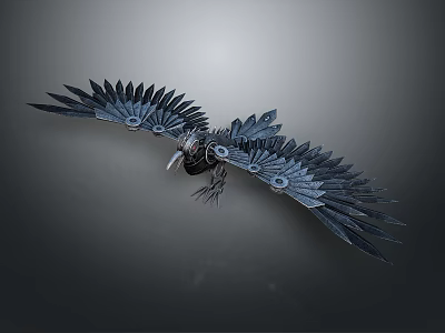 Artistic Metallic Raven Sculpture With Spread Wings And Blue Feather Details 3d model