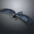Artistic Metallic Raven Sculpture With Spread Wings And Blue Feather Details