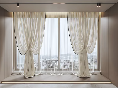 Ivory Flowy Curtains For Modern Living Room Large Window With Scenic City View Design 3d model