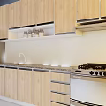 Modern Kitchen Interior With Wooden Upper And Lower Cabinets Refrigerator Stove And Sink