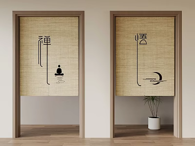 Traditional Japanese Bamboo Screen Doors With Zen And Enlightenment Calligraphy In Interior Decor 3d model