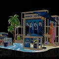 Summer Cool Experience Themed Display With Palm Tree Lifebuoy Drinks Stand And Wave Decorations 3d model