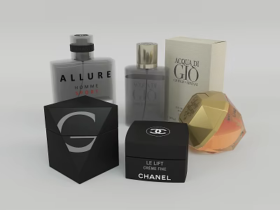 Luxury Perfume And Cosmetic Products With Various Shaped Bottles And Elegant Packaging 3d model