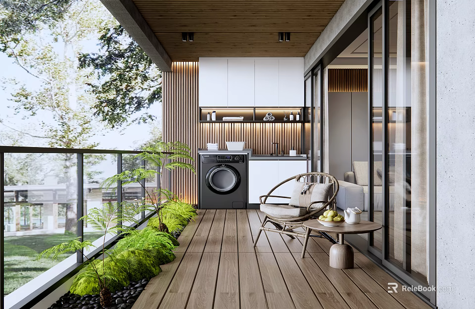 Home Balcony Design With Wooden Floor Green Plants Rattan Chair Washing Machine And White Cabinets 3d model 