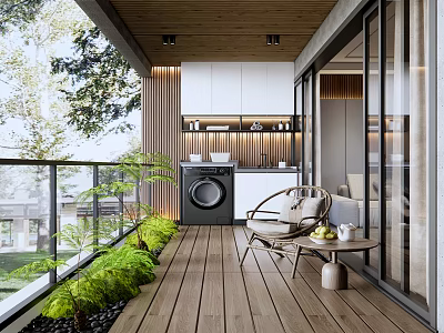 Home Balcony Design With Wooden Floor Green Plants Rattan Chair Washing Machine And White Cabinets 3d model