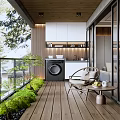 Home Balcony Design With Wooden Floor Green Plants Rattan Chair Washing Machine And White Cabinets
