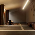 Modern Teahouse Interior With Spiral Staircase Arched Doorways Stone Tables And Lighting Ambiance