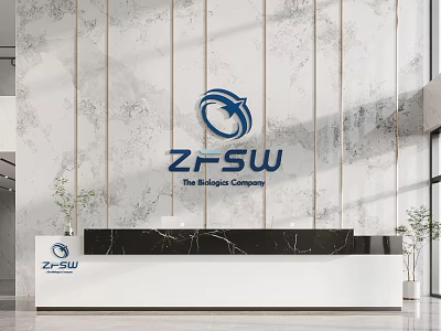 Modern Reception Desk Interior With Marble Wall Company Logo And Black White Countertop 3d model