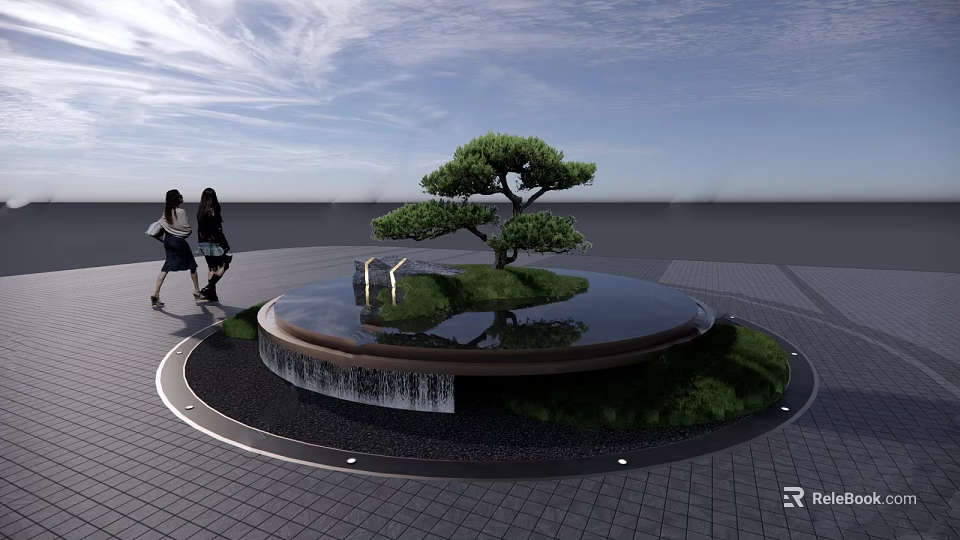 Circular Water Fountain with Small Tree Grass Black Pebbles Under Blue Sky Two People Walking 3d model 