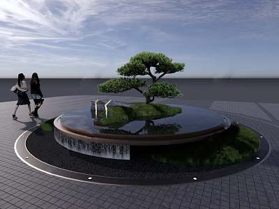 Circular Water Fountain with Small Tree Grass Black Pebbles Under Blue Sky Two People Walking 3d model