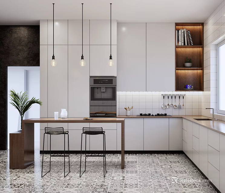 Modern Open Concept Kitchen Interior Design With Stylish Bar Counter And Seating Stools 3d model 