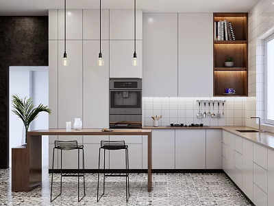 Modern Open Concept Kitchen Interior Design With Stylish Bar Counter And Seating Stools 3d model