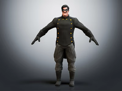Stylized 3D Character In Dark Uniform With Yellow Buttons And Black Gloves Standing 3d model
