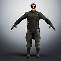 Stylized 3D Character In Dark Uniform With Yellow Buttons And Black Gloves Standing