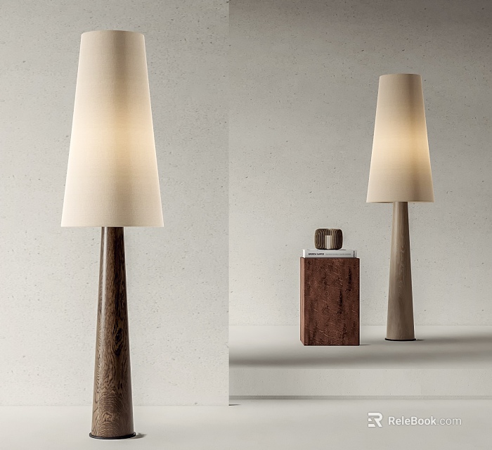 Modern Floor Lamp with Wooden Pole and White Lampshade beside Minimalist Wooden Side Table 3d model 