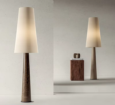 Modern Floor Lamp with Wooden Pole and White Lampshade beside Minimalist Wooden Side Table 3d model