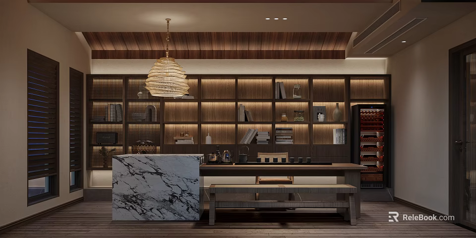 Modern Tea Room Interior Design With Wooden Shelves Marble Countertop And Woven Pendant Light 3d model 