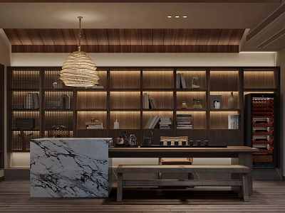 Modern Tea Room Interior Design With Wooden Shelves Marble Countertop And Woven Pendant Light 3d model