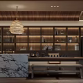 Modern Tea Room Interior Design With Wooden Shelves Marble Countertop And Woven Pendant Light