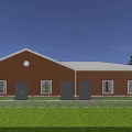 Industrial Warehouse Exterior with Red Walls White Roof Windows Doors and Green Surroundings