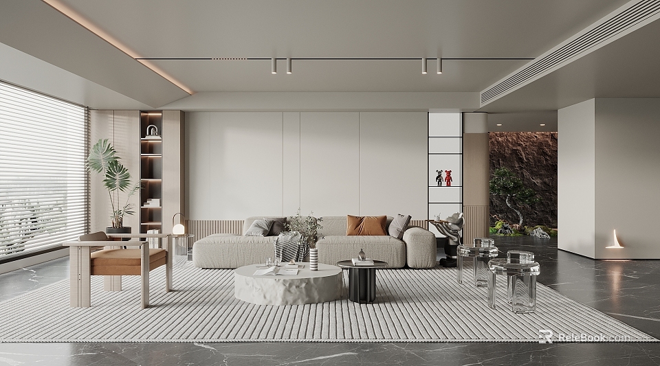 Modern Living Room Interior Design With Sofa Coffee Tables Rug Plants And Art 3d model 