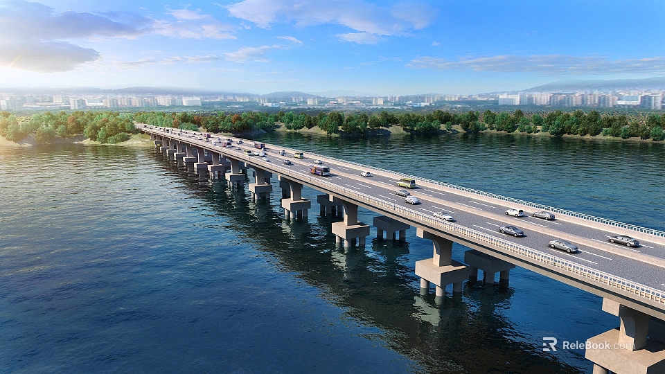 Modern Highway Bridge Over River With Vehicles Green Trees And Urban Landscape 3d model 