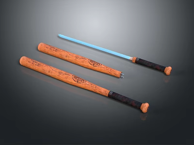 Premium Sports Equipment Set with Carved Wooden Bats and Blue Blade Sword Handles 3d model