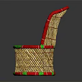 Stylish Woven Rattan Chair With Red Trim And Green Decorative Accents
