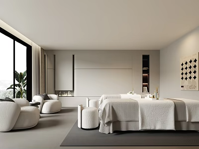 Modern SPA Sauna Relaxation Space With Comfortable Massage Bed Green Plants And Natural Light 3d model