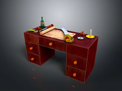 Mahogany Desk With Orange Knob Drawers And Green Bottle Rolled Paper Yellow Tool Small Candle 3d model