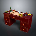 Mahogany Desk With Orange Knob Drawers And Green Bottle Rolled Paper Yellow Tool Small Candle