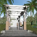 Wooden Pergola With Vines And Stone Pillars In Outdoor Garden With Palm Trees