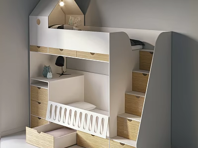 Kids Bed With House Shaped Top Storage Drawers Staircase And Wooden Accents 3d model