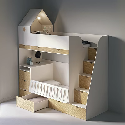 Kids Bed With House Shaped Top Storage Drawers Staircase And Wooden Accents 3d model