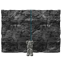 Rock Textured Building Exterior Wall With Cracks And Blue Light Beam And Statue Figure