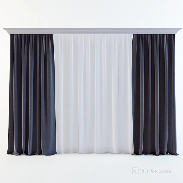 Modern Dark Curtains With White Sheer Panels For Window Decoration 3d model