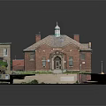 Cartoon Style Building Scene with Red Brick Walls White Roof Green Lawn and Chimney Pathway