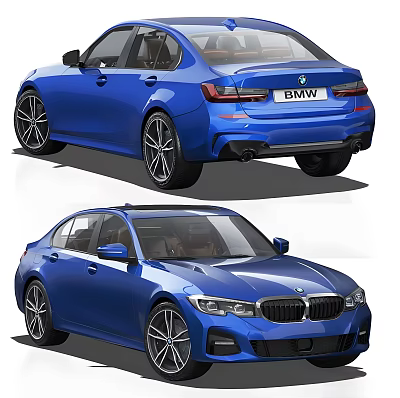 Blue BMW Sedan Rear View And Front View Exterior Design Features 3d model
