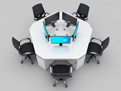 Octagonal White Office Desk with Six Black Office Chairs and Multiple Monitors Including Central Screen 3d model