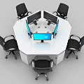 Octagonal White Office Desk with Six Black Office Chairs and Multiple Monitors Including Central Screen