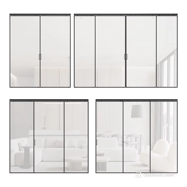 Modern Sliding Glass Doors With Black Frames In Bright Living Room Interior And Furniture 3d model 